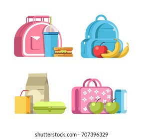 School lunches in modern bags with healthy nutritious food