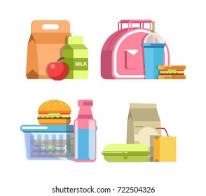 School lunches in special containers and inside pink bag