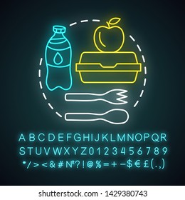 School lunchtime, meal break neon light concept icon. Catering advertising idea. Glowing sign with alphabet, numbers and symbols. Milk bottle, apple, and cutlery vector isolated illustration