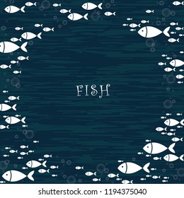 School of mackerel fish are swimming on indigo border vector background.