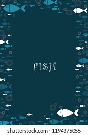 School of mackerel fish are swimming on indigo border vector background.
