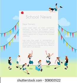 School Magazine Letter theme frame Template. Interacting People Isometric 3D Flat Illustration Message or Note. Advertisement with jumping for joy student group of child vector illustration