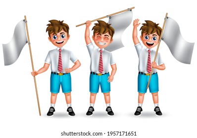 School male characters vector set. School student boy 3d character happy standing and holding flag element for back to school preschool collection design. Vector illustration