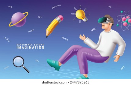 Diseño de Vector de personaje de hombre de escuela. Regreso a la escuela futurista moderno dispositivo de aprendizaje promoción con el hombre personaje que lleva gafas de realidad virtual para el Anuncio de escolarización virtual. Escuela de Ilustración vectorial en línea 