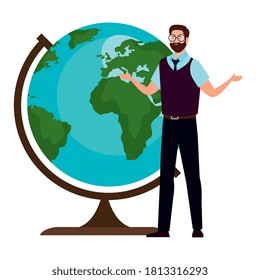 School man teacher in front of world sphere design, Education class lesson and knowledge theme Vector illustration
