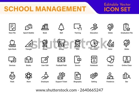 School Management Icon Collection– Modern Minimal Line Icons for Education, Students, Classroom, Teachers, School Supplies, and Web Design Projects