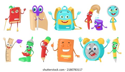 School mascot characters set. Education items vector illustration. Funny cartoon children supplies for study with happy smile isolated on white background. Back to school