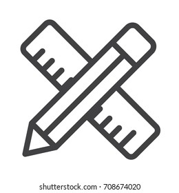 School material pen and ruler line icon, outline vector sign, linear style pictogram isolated on white. Symbol, logo illustration. Editable stroke.