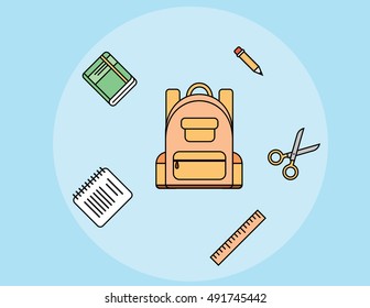 School material set flat vector illustration