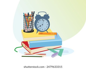 Material escolar, aula, objetos de clase. Portaplumas, cuaderno, libro, lápiz, borrador, Regla, alarma. Es hora de estudiar. De vuelta a la escuela.