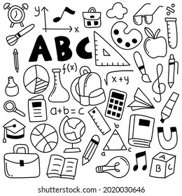 Juego de iconos de doodle de materiales escolares