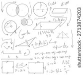 School math figures and circles, black and white sketch. Vector illustration. Trigonometric and algebraic equations, formulas and arrows isolated on a white background. Lesson and lecture notes
