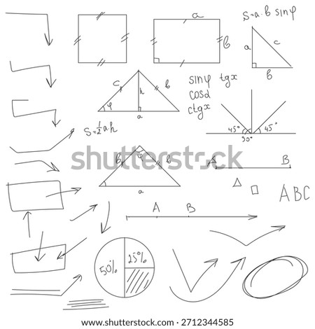School math figures and circles, black and white sketch. Vector illustration. Trigonometric and algebraic equations, formulas and arrows isolated on a white background. Lesson and lecture notes