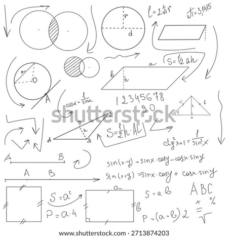 School math figures and circles, black and white sketch. Vector illustration. Trigonometric and algebraic equations, formulas and arrows isolated on a white background. Lesson and lecture notes