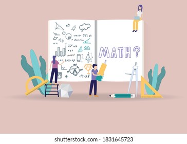 School Math lab class education concept. Students learning mathematics. Mathematics scene with miniature people, students and large book.  Flat isolated vector illustration.