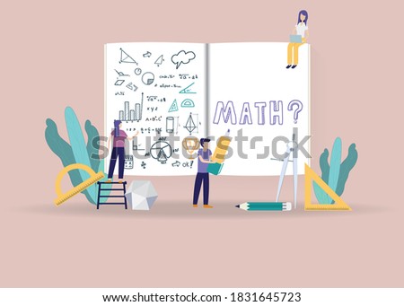 School Math lab class education concept. Students learning mathematics. Mathematics scene with miniature people, students and large book.  Flat isolated vector illustration.