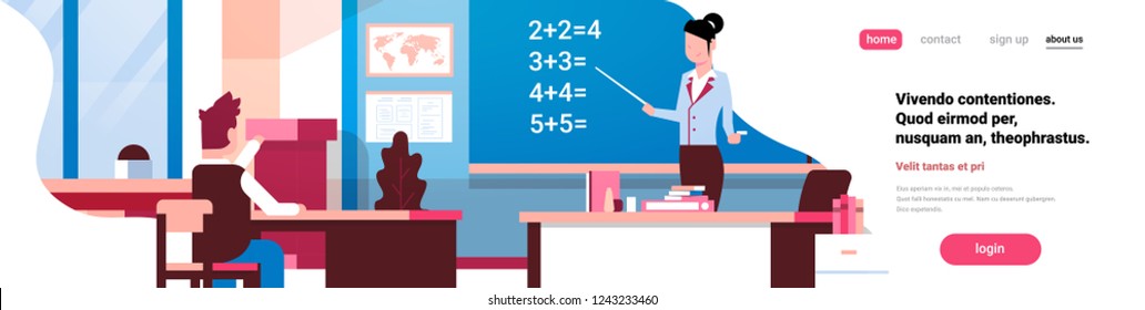 School math lesson female teacher pupil boy classroom successful study concept horizontal banner flat copy space