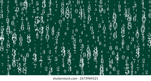 Cubierta del cuaderno de matemáticas de la escuela. Números de tiza blanca flotando en el aire. Anuncio de matemáticas de regreso a la escuela sobre fondo de pizarra. Ilustración vectorial de números decrecientes.