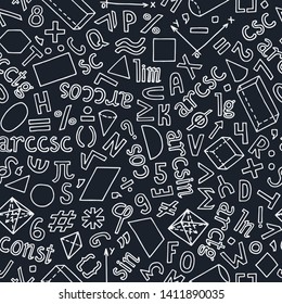 School math signs and symbols seamless pattern. Hand drawn numbers, geometric shapes, addition, subtraction, multiplication and letters on a dark background.