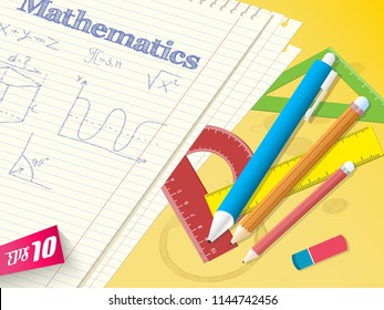 School math template with sketch formulas charts and paper notes pencils pen eraser rulers protractor vector illustration