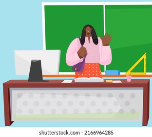 School mathematics female woman teacher in audience, elementary classroom waving hello to schoolchildren. Cartoon professor standing near blackboard explains lesson. Education, teaching concept