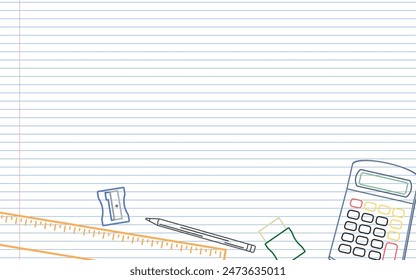 School Mathematics Layout - Colored Outline Drawings of School Supplies on Notebook Paper Background - Ruler, Calculator, Pencil, Sharpener and Eraser. Rectangle Shape.