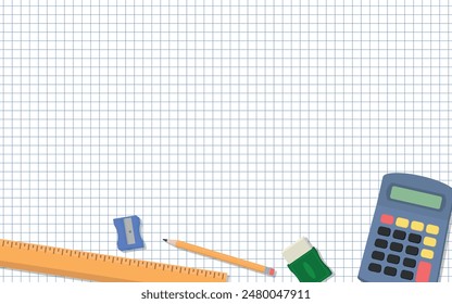 School Mathematics Layout - Various School Supplies on Squared Paper Sheet Background - Ruler, Calculator and Pencil, Sharpener and Eraser. Rectangle Shape.