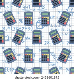 School Mathematics Pattern - Calculators Repetition in Mathematical Accounts and Symbols on Squared Paper Sheet Background. Seamless Link.