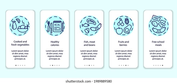 School meal app page screen with concepts. Kids menu walkthrough 5 steps graphic tasks. Vector mobile on boarding template UI, UX, GUI with outline blue illustrations