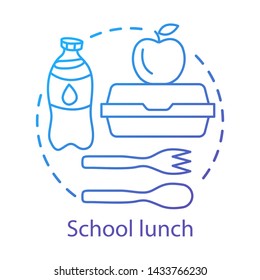 School Meal Break, Lunchtime Concept Icon. Catering Advertising Idea Thin Line Illustration. Milk Bottle, Lunch Box, Apple, And Plastic Cutlery Vector Isolated Outline Drawing. Canteen Nutrition