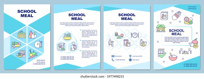 School meal brochure template. Creating school lunch for students. Flyer, booklet, leaflet print, cover design with linear icons. Vector layouts for presentation, annual reports, advertisement pages