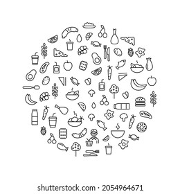 School meal concept circle layout with outline icons. Kids menu. Customizable linear contour symbols. Editable stroke. Isolated vector stock illustration