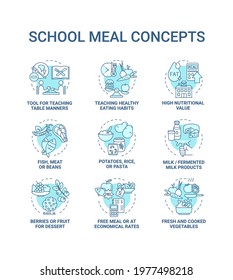 School meal concept icons set. Creating school meals list full of nutritions and vitamins. Healthy eating idea thin line RGB color illustrations. Vector isolated outline drawings. Editable stroke