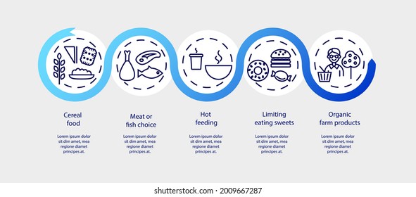 School meal concept infographic vector template. Kids menu. Presentation with 5 steps. Workflow blue loop timeline