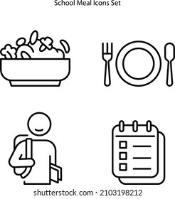 School meal concept outline icons set on white background. menu poster. Healthy eating program. Linear contour symbols collection. Isolated vector stock illustration