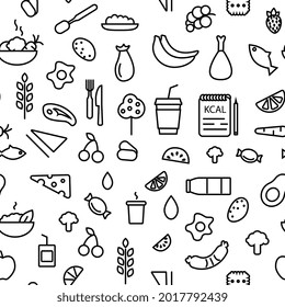 School meal concept text with outline icons. Kids menu. Healthy eating program. Seamless pattern. Editable stroke. Isolated vector stock illustration