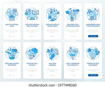 School meal onboarding mobile app page screen with concepts. Healthy meals preparing walkthrough 5 steps graphic instructions. UI, UX, GUI vector template with linear color illustrations