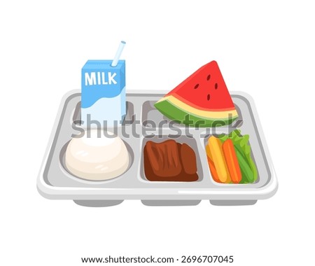 School Meal Tray with Balanced Meals and Milk Cartoon Illustration Vector