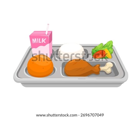 School Meal Tray with Balanced Meals and Milk Cartoon Illustration Vector