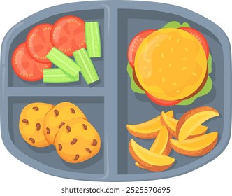 School meal tray. Cafeteria snack. cartoon dinner isolated on white background