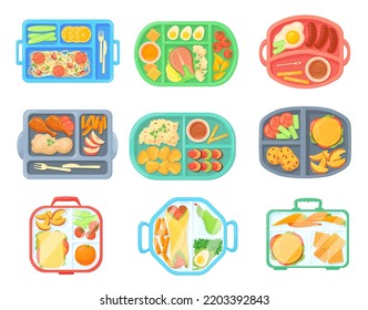 School Meal Trays. Lunch Tray With Food Cafeteria Menu, Kid Eat Breakfast Or Dinner On Convenience Lunchbox Top View, Healthy Students Meals From Canteen, Vector Illustration Of Tray Lunch Cafeteria