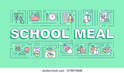 School meal word concepts banner. Healthy foods for children during study day. Infographics with linear icons on mint background. Isolated typography. Vector outline RGB color illustration