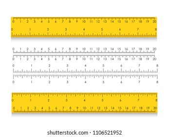 School measuring ruler with centimeters and inches. Size indicators with different unit distances. Vector illustration