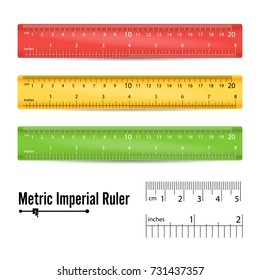 School Measuring Ruler Vector. Measure Tool. Millimeters, Centimeters And Inches Scale. Isolated Illustration