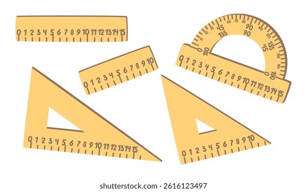 School measuring supplies set. Rulers, right angle triangles, protractors with scales. Cartoon devices isolated on a white background. Vector designs for use in banner, card, stickers. 