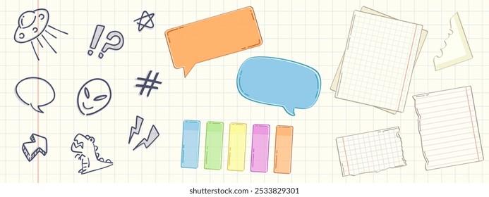 School memo notes and doodle drawings on notebook page background. Contemporary vector cartoon illustration of color stickers, speech bubbles, blank papers for schedule or message, ufo and alien icons