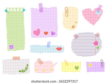 School memo stickers and speech bubbles with pinned notebook paper. Kids vision board or planer 