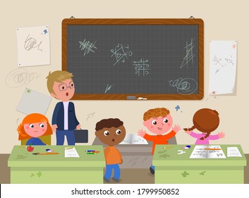 School Messy Classroom With Bratty Kids And Annoyed Teacher Vector Illustration