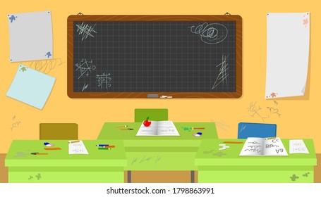 School Messy Classroom With Empty Desks And Rubbish Vector Illustration