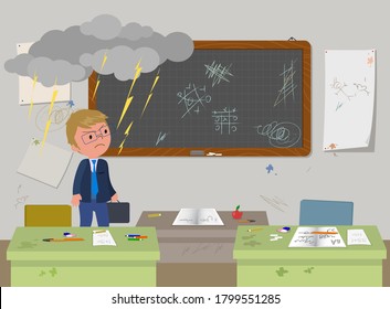 School Messy Classroom With Empty Desks And Annoyed Teacher Vector Illustration